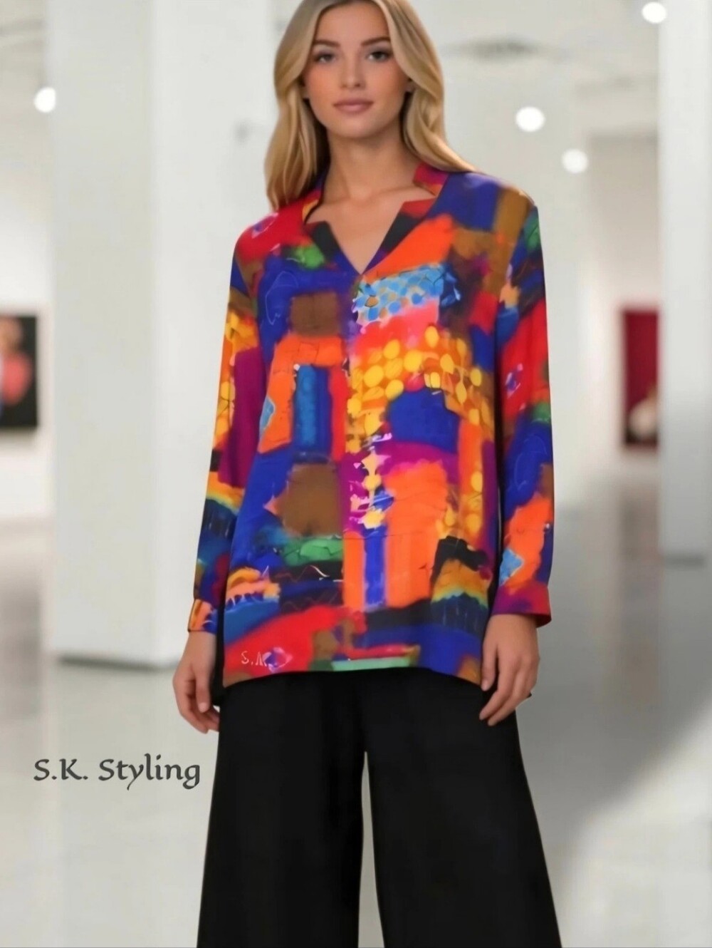Lemon Grass NY Wearable Art Abstract Vibrant Colorblock V-Neck Tunic Top size XL